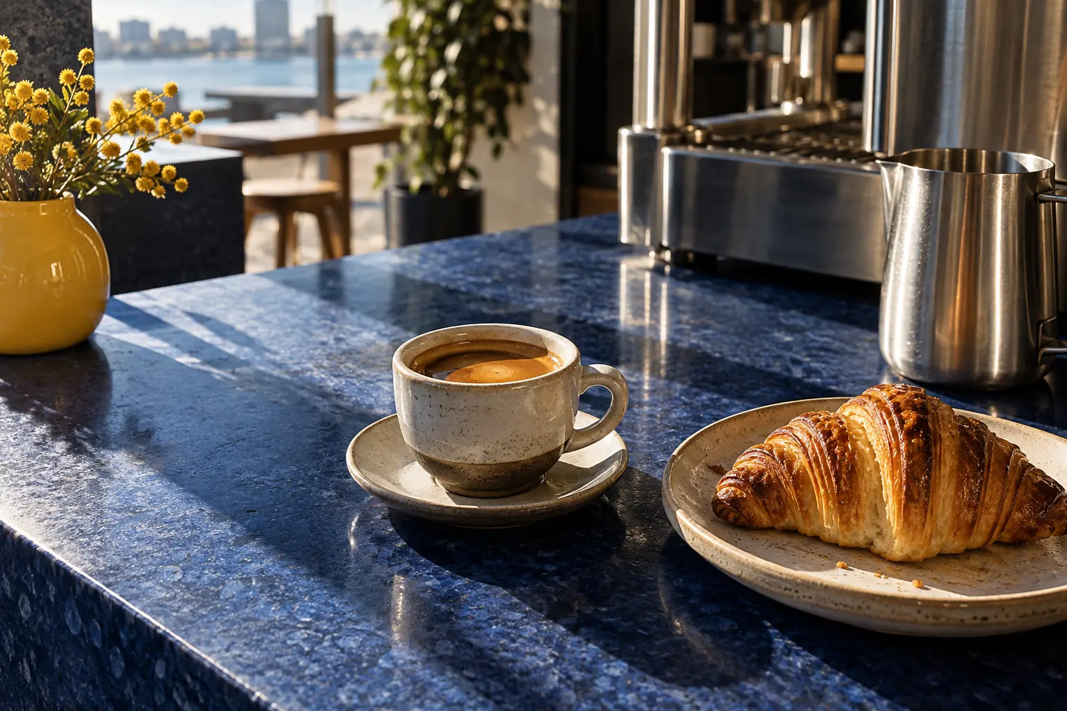Espresso y croissant sobre la barra azul de MAREA Coffee